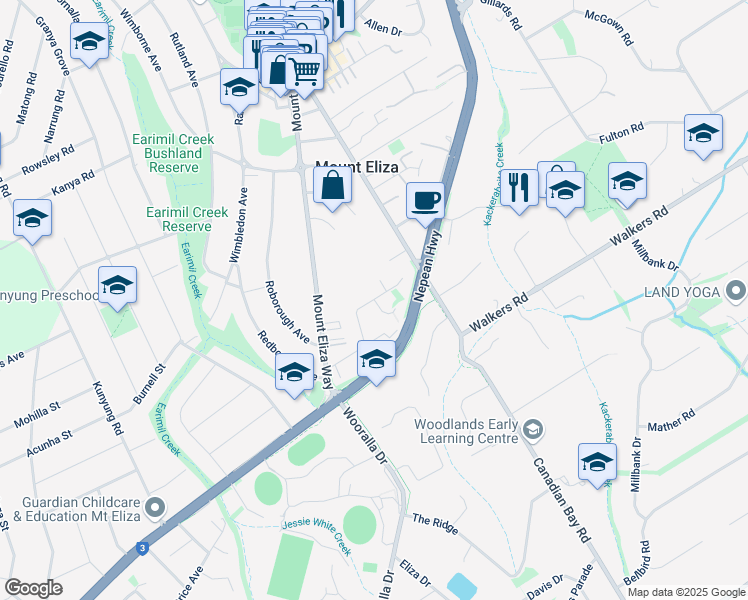 map of restaurants, bars, coffee shops, grocery stores, and more near Warana Way in Mount Eliza