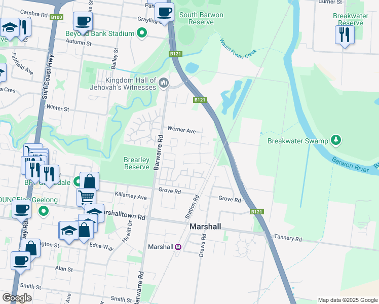 map of restaurants, bars, coffee shops, grocery stores, and more near 10 Adair Court in Marshall