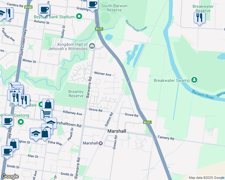 map of restaurants, bars, coffee shops, grocery stores, and more near 34 MacFarlane Street in Marshall