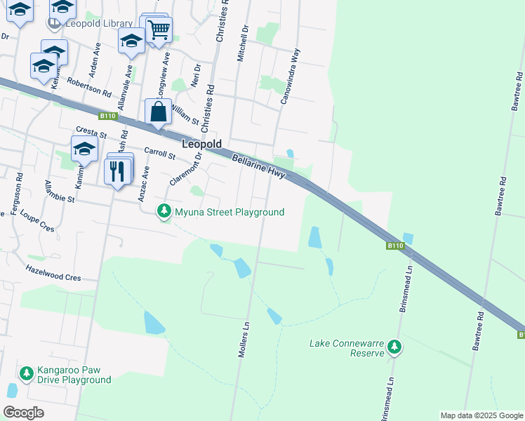 map of restaurants, bars, coffee shops, grocery stores, and more near 30 Mollers Lane in Leopold