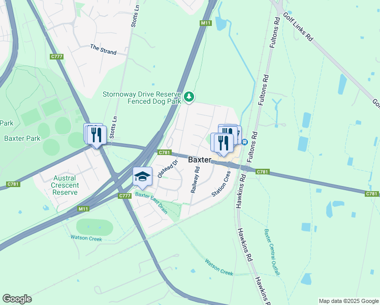 map of restaurants, bars, coffee shops, grocery stores, and more near 60 Baxter-Tooradin Road in Baxter