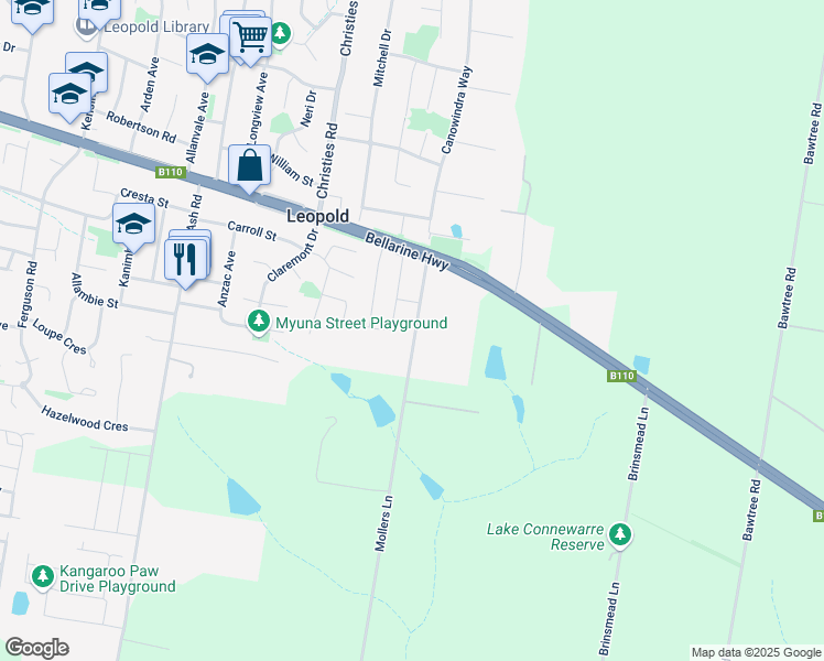 map of restaurants, bars, coffee shops, grocery stores, and more near 30 Mollers Lane in Leopold