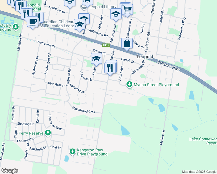 map of restaurants, bars, coffee shops, grocery stores, and more near 61 Ash Road in Leopold