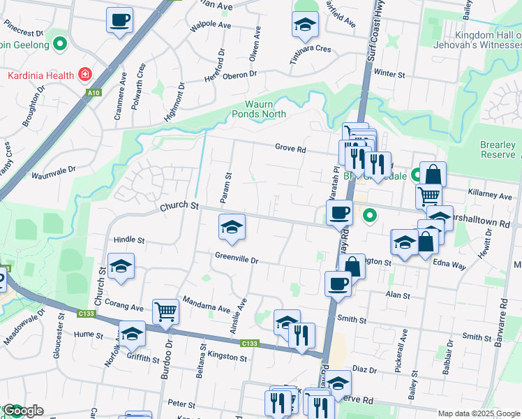 map of restaurants, bars, coffee shops, grocery stores, and more near 4 Banksia Place in Grovedale