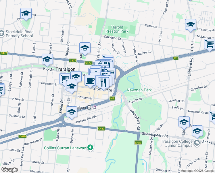 map of restaurants, bars, coffee shops, grocery stores, and more near 8 Seymour Street in Traralgon