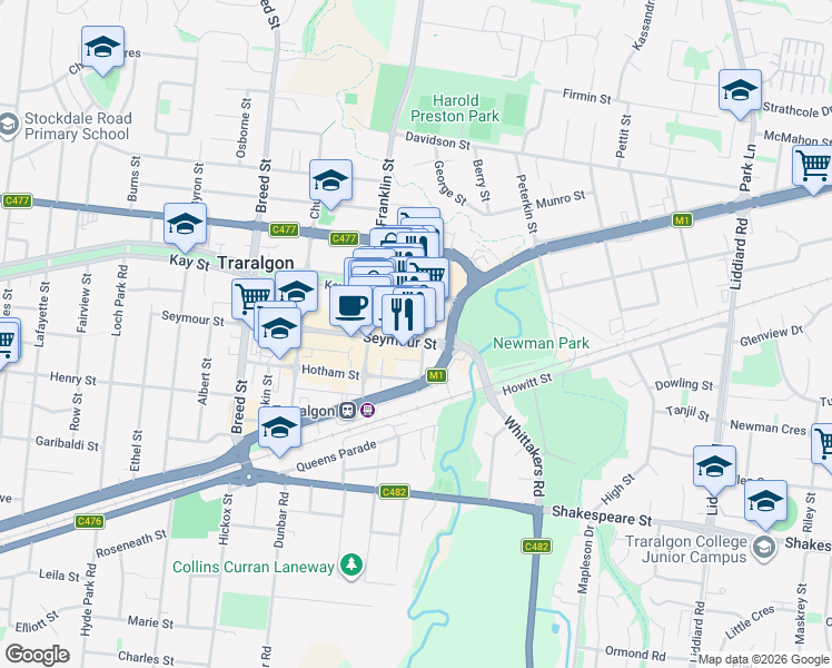 map of restaurants, bars, coffee shops, grocery stores, and more near 8 Seymour Street in Traralgon