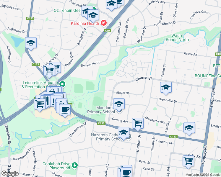 map of restaurants, bars, coffee shops, grocery stores, and more near 8 Jaybree Court in Grovedale