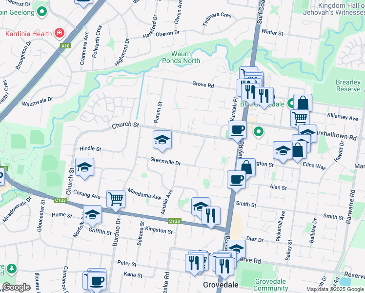 map of restaurants, bars, coffee shops, grocery stores, and more near 5 Mayton Court in Grovedale