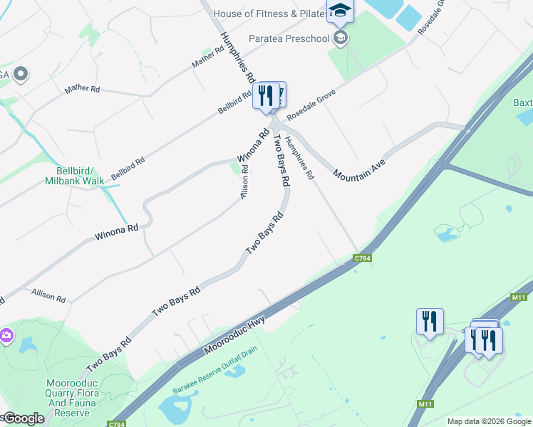 map of restaurants, bars, coffee shops, grocery stores, and more near 24 Two Bays Road in Mount Eliza