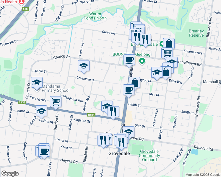 map of restaurants, bars, coffee shops, grocery stores, and more near 9 Carbery Court in Grovedale