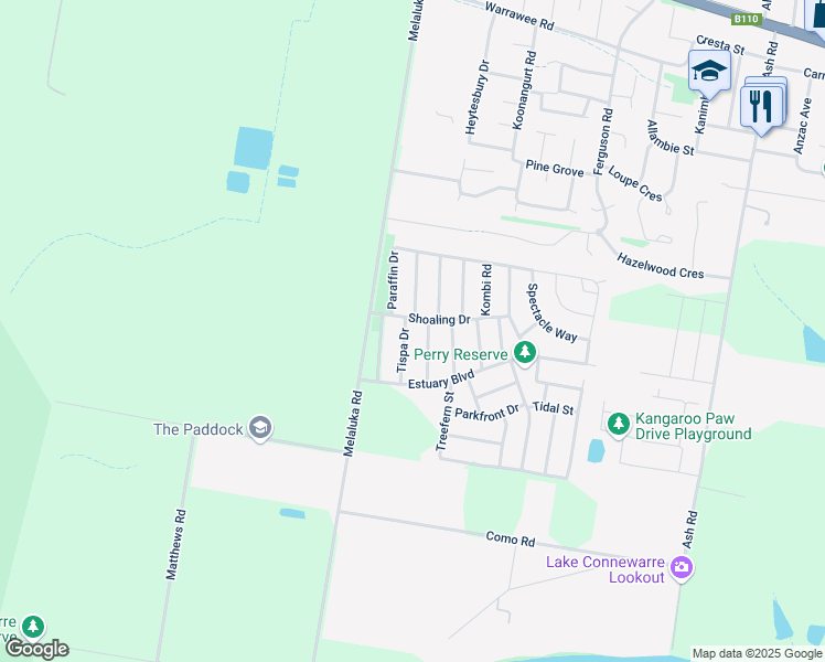 map of restaurants, bars, coffee shops, grocery stores, and more near 5 Tispa Drive in Leopold