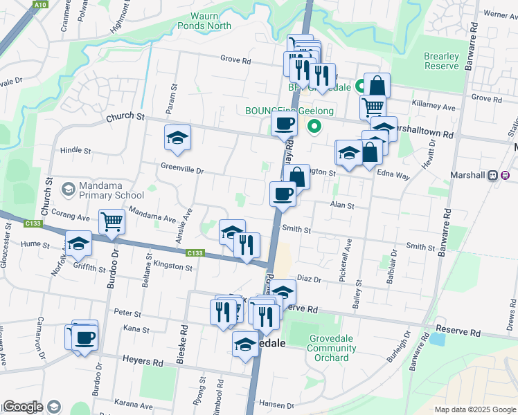 map of restaurants, bars, coffee shops, grocery stores, and more near 9 Thorogood Court in Grovedale