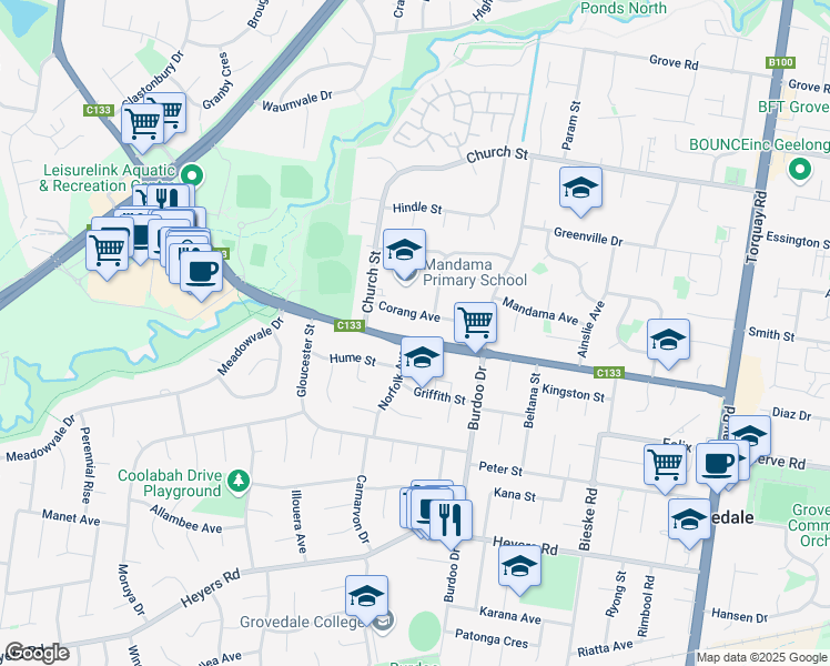 map of restaurants, bars, coffee shops, grocery stores, and more near 118 Pioneer Road in Grovedale