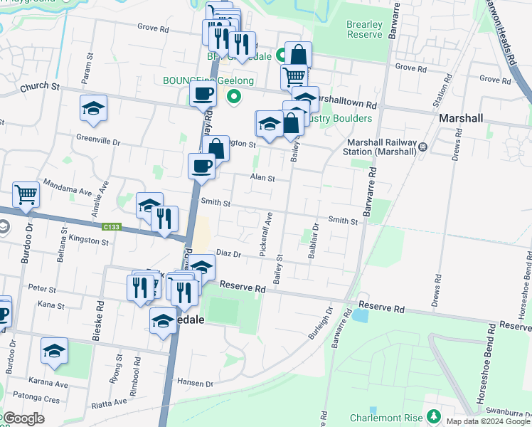 map of restaurants, bars, coffee shops, grocery stores, and more near 38 Smith Street in Grovedale