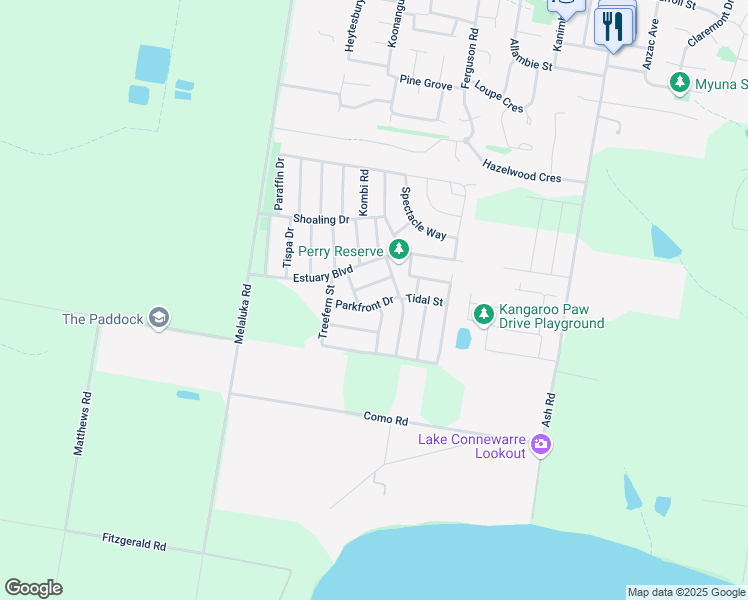map of restaurants, bars, coffee shops, grocery stores, and more near 17 Parkfront Drive in Leopold