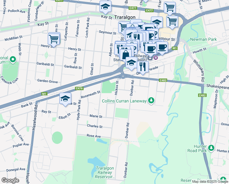 map of restaurants, bars, coffee shops, grocery stores, and more near 17 Hickox Street in Traralgon