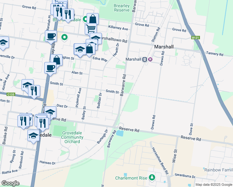 map of restaurants, bars, coffee shops, grocery stores, and more near 1 Moira Lane in Grovedale
