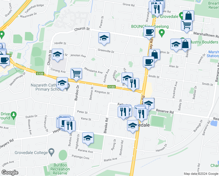 map of restaurants, bars, coffee shops, grocery stores, and more near 37 Pioneer Road in Grovedale