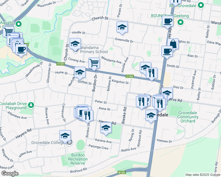 map of restaurants, bars, coffee shops, grocery stores, and more near 22 Beltana Street in Grovedale