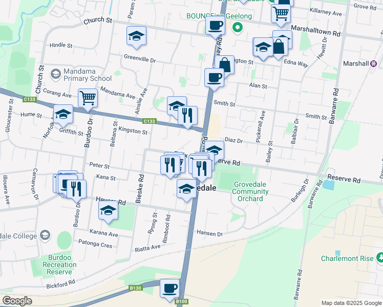 map of restaurants, bars, coffee shops, grocery stores, and more near 4 Felix Street in Grovedale