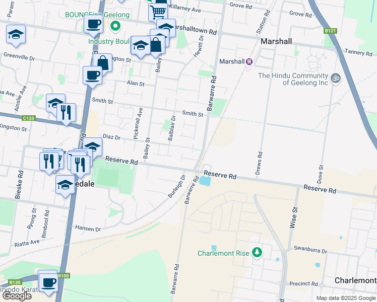map of restaurants, bars, coffee shops, grocery stores, and more near 30 Muscovy Drive in Grovedale