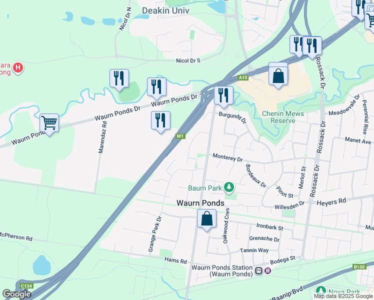map of restaurants, bars, coffee shops, grocery stores, and more near 15 Bourbon Way in Waurn Ponds