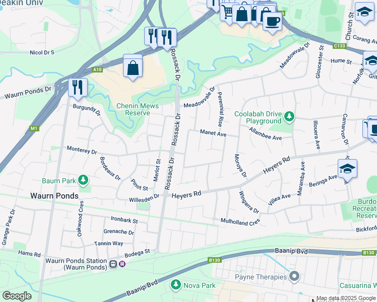 map of restaurants, bars, coffee shops, grocery stores, and more near 17 Pethajohn Parade in Grovedale