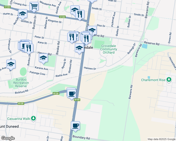 map of restaurants, bars, coffee shops, grocery stores, and more near 0 Hani Place in Grovedale