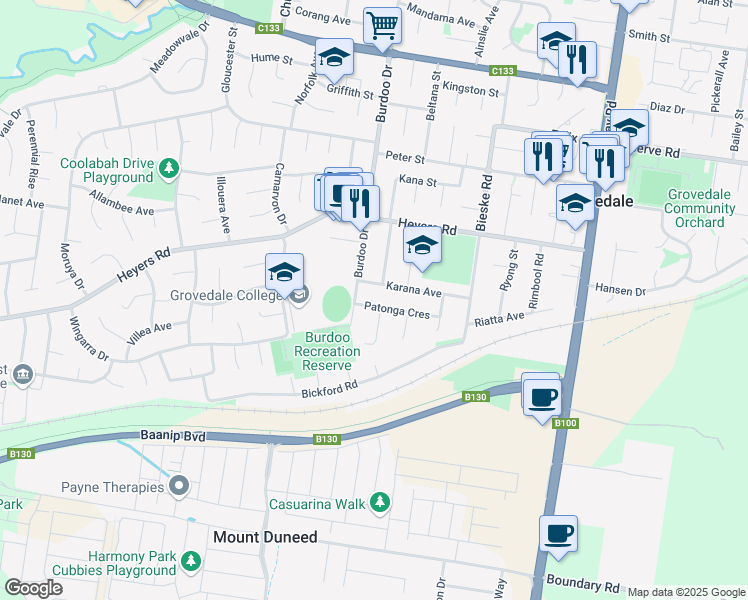 map of restaurants, bars, coffee shops, grocery stores, and more near 30 Patonga Crescent in Grovedale