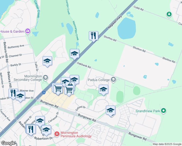 map of restaurants, bars, coffee shops, grocery stores, and more near 22 Hillpark Drive in Mornington
