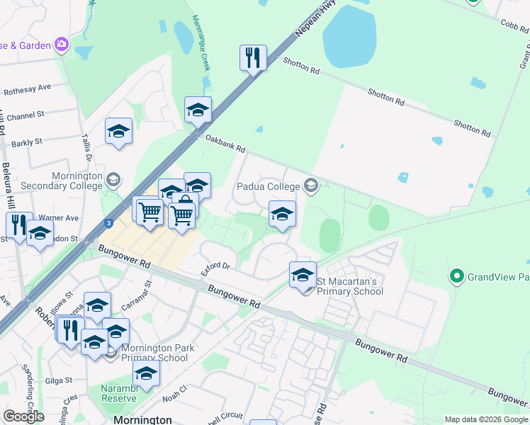 map of restaurants, bars, coffee shops, grocery stores, and more near 64 Padua Drive in Mornington