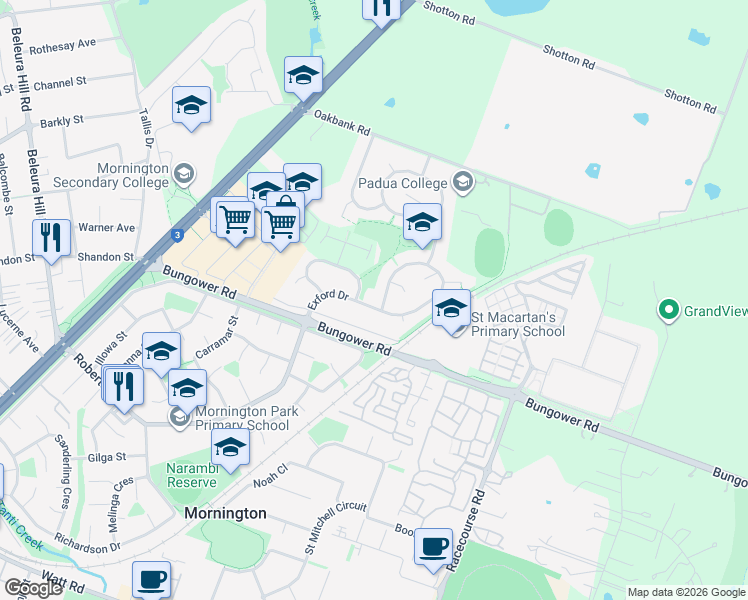 map of restaurants, bars, coffee shops, grocery stores, and more near 27 Exford Drive in Mornington