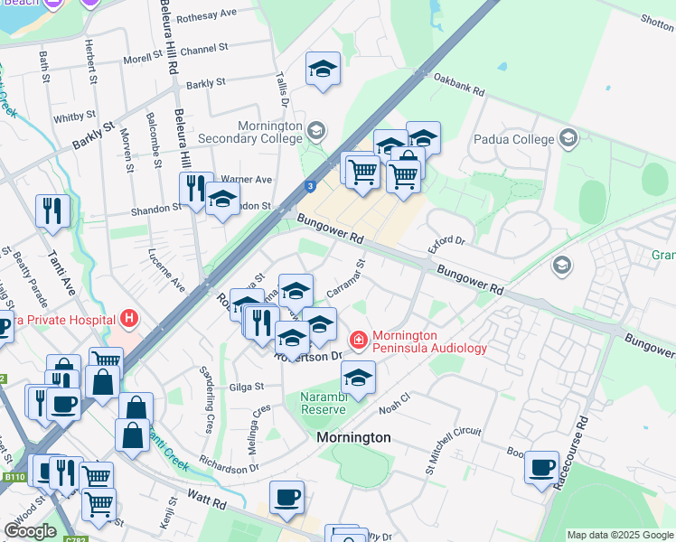 map of restaurants, bars, coffee shops, grocery stores, and more near 6 Elanora Court in Mornington