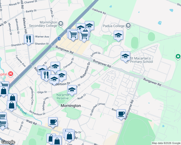 map of restaurants, bars, coffee shops, grocery stores, and more near 7 Terrigal Street in Mornington