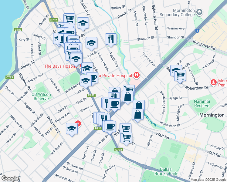 map of restaurants, bars, coffee shops, grocery stores, and more near 24 MacDonald Grove in Mornington