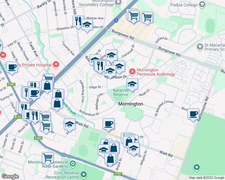map of restaurants, bars, coffee shops, grocery stores, and more near 15A Narambi Road in Mornington