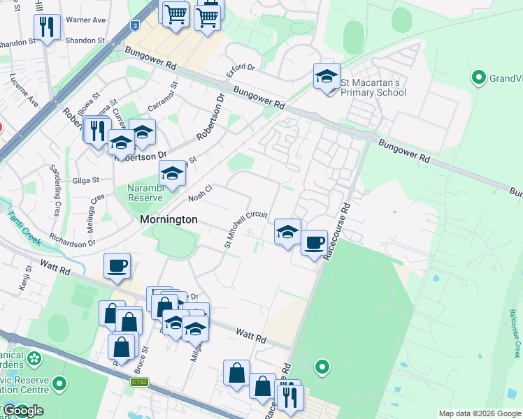 map of restaurants, bars, coffee shops, grocery stores, and more near 46 Saint Mitchell Circuit in Mornington