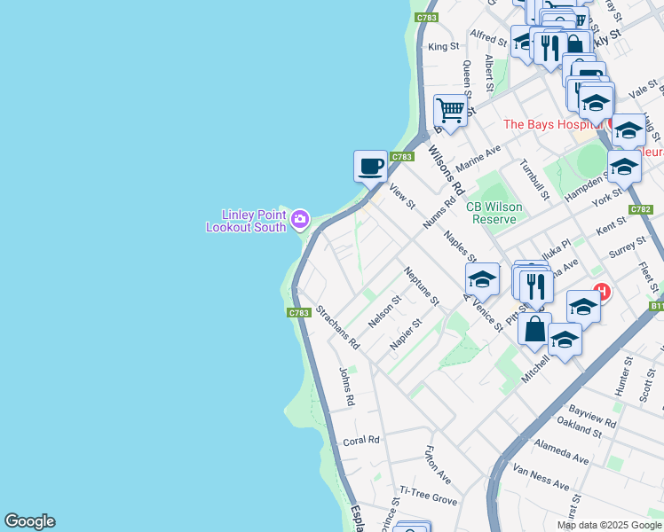 map of restaurants, bars, coffee shops, grocery stores, and more near 16 King Georges Avenue in Mornington