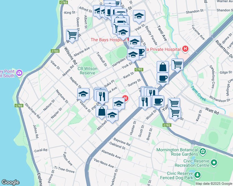 map of restaurants, bars, coffee shops, grocery stores, and more near 4 Karella Crescent in Mornington