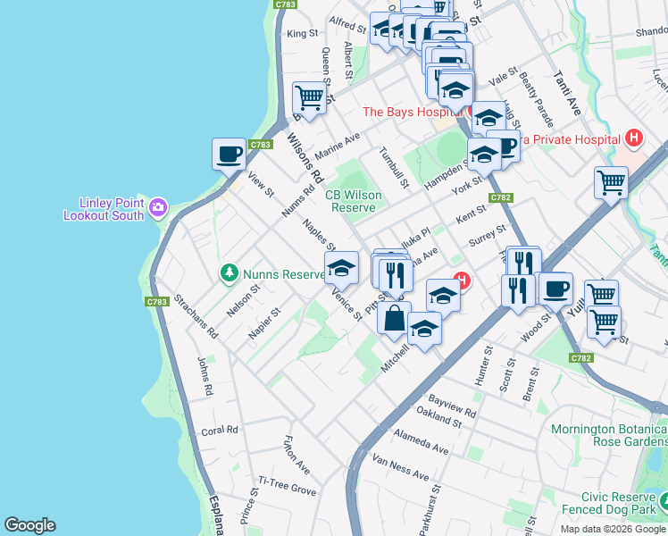 map of restaurants, bars, coffee shops, grocery stores, and more near 55 Adelaide Street in Mornington