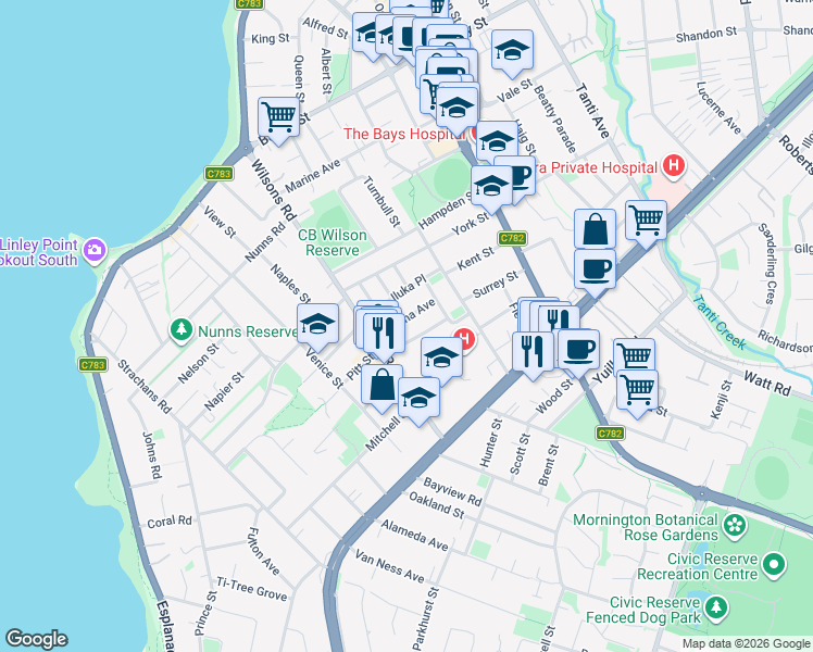 map of restaurants, bars, coffee shops, grocery stores, and more near 15 Moona Avenue in Mornington