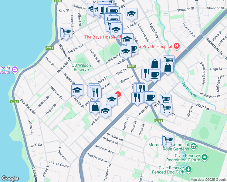 map of restaurants, bars, coffee shops, grocery stores, and more near 2 Tyalla Grove in Mornington