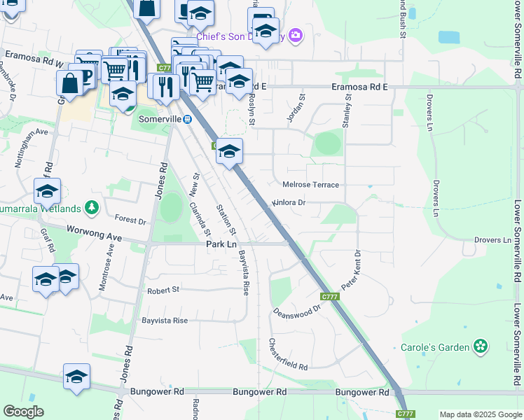 map of restaurants, bars, coffee shops, grocery stores, and more near 1170 Frankston - Flinders Road in Somerville
