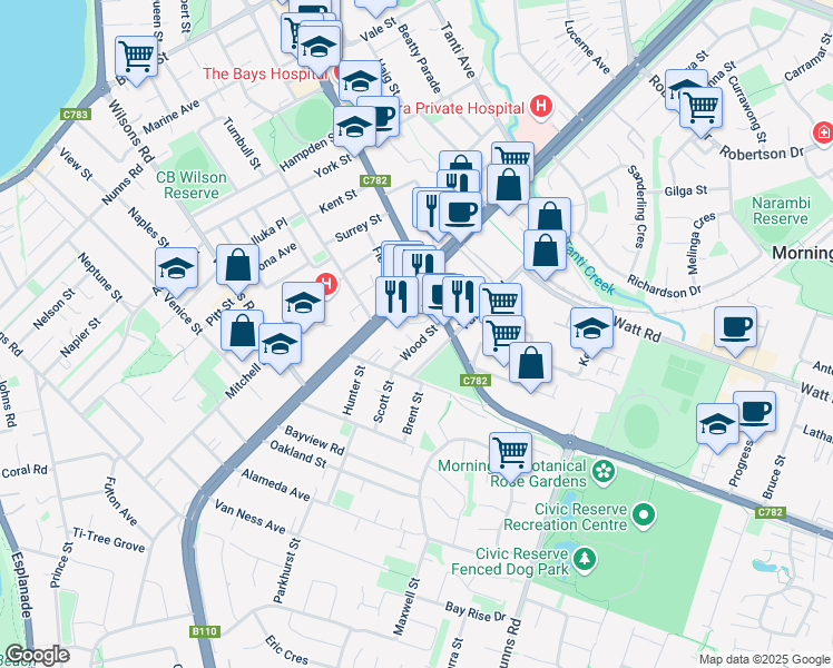 map of restaurants, bars, coffee shops, grocery stores, and more near 13 Wood Street in Mornington