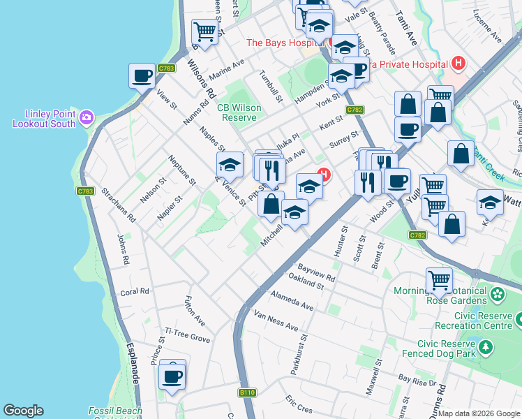 map of restaurants, bars, coffee shops, grocery stores, and more near 5 Orchid Avenue in Mornington
