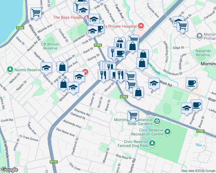 map of restaurants, bars, coffee shops, grocery stores, and more near 11 Wood Street in Mornington