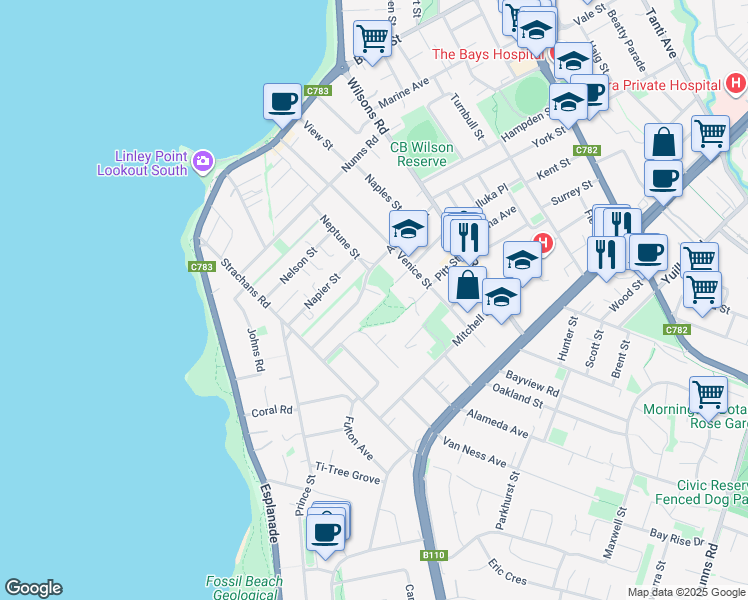 map of restaurants, bars, coffee shops, grocery stores, and more near 32 Adelaide Street in Mornington