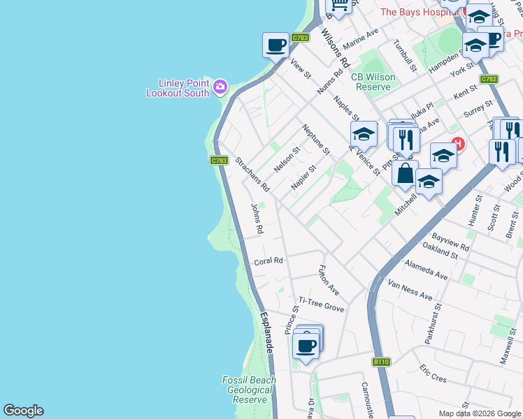 map of restaurants, bars, coffee shops, grocery stores, and more near 16-20 Johns Road in Mornington