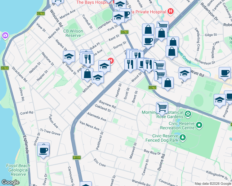 map of restaurants, bars, coffee shops, grocery stores, and more near 1 Hunter Street in Mornington