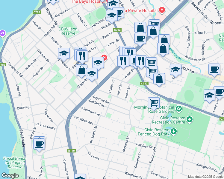 map of restaurants, bars, coffee shops, grocery stores, and more near 2 Hunter Street in Mornington